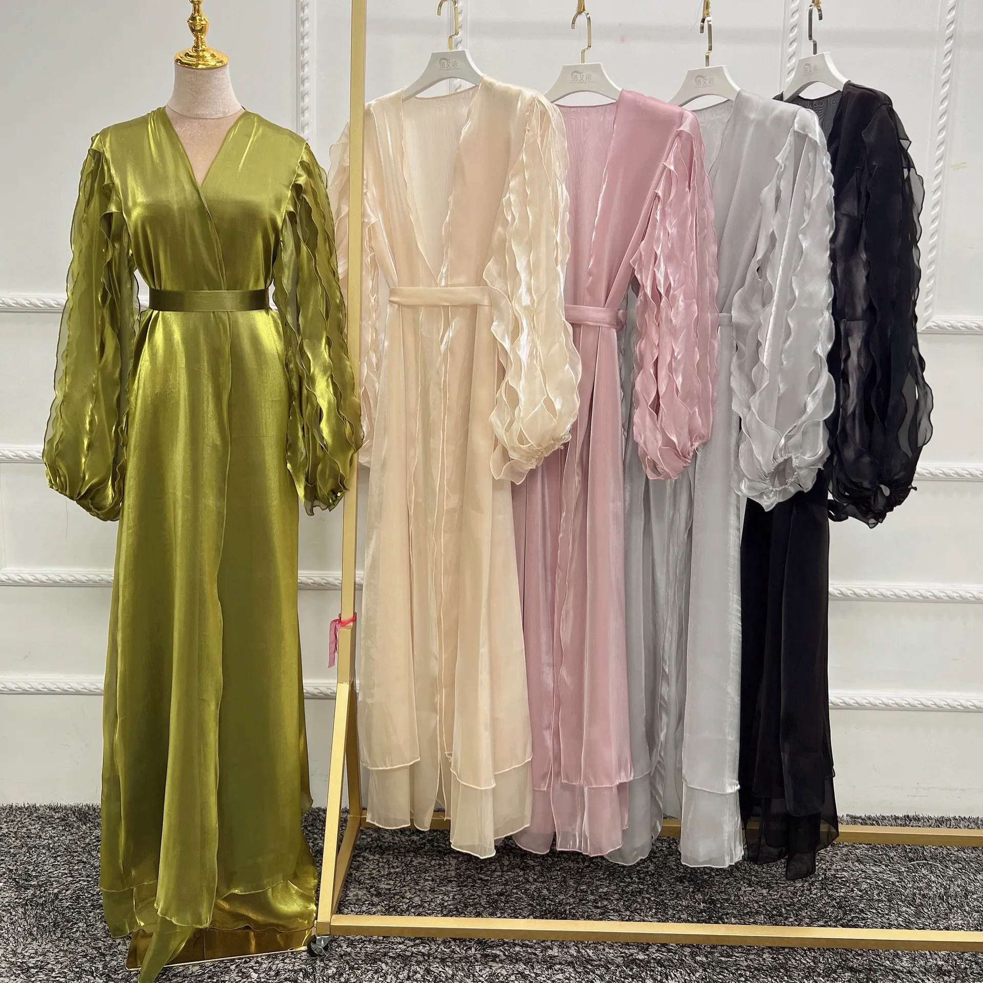 Eid Satin Abaya Kimono Summer Elegant Puff Petal Sleeve Muslim Hijab Dress Open Abaya for Women Dubai Islamic Turkey Kaftan Robe