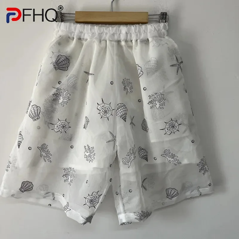 

PFHQ Men's Pattern Print Organza Shorts Casual Breathable Elegant Cool Thin Perspective Elastic Waist Summer Male Pants 21Z4656