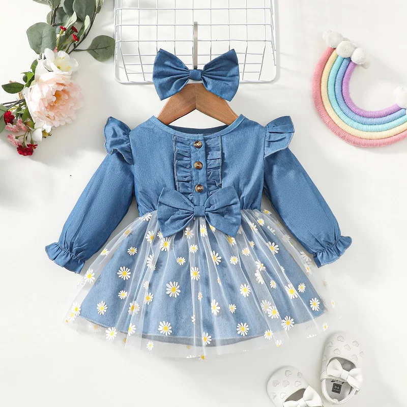 BabyGirlsDressDaisyPrintEmbroideryMeshDenimBabyGirlClothes