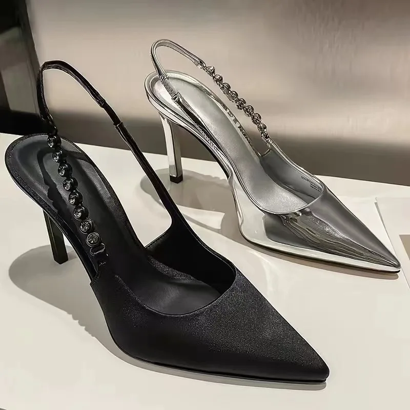 Women Crystal High Heels Slingback Pointy Toe Silver Pumps Fashion Luxury Brands Thin Heel Sandals Metallic Party Casual Shoes 6
