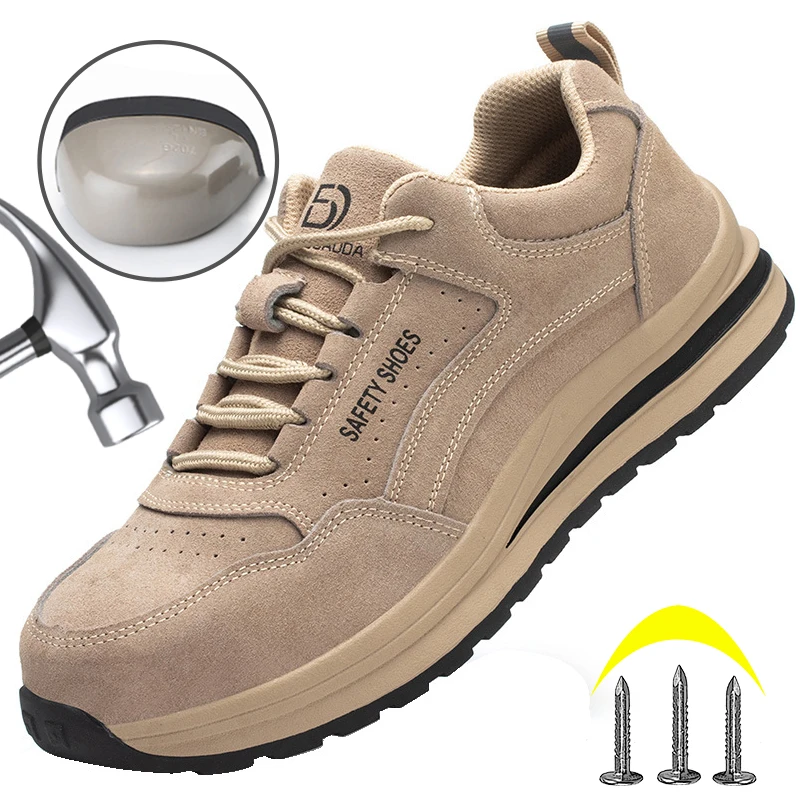 Work Sneakers Steel Toe Safety Shoes Khaki Gray Anti-Smash Wear Resistant Safety Boots Men Casual Shoes Protection Lightweight