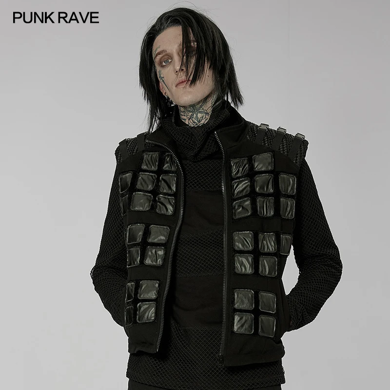 

PUNK RAVE Men's Post-apocalyptic Style Distressed Vest Geometric Pattern Sleeveless Waistcoat Men Clothing Autumn/Winter