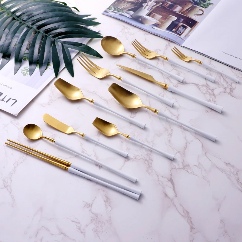 Matte White Gold 18/10 Stainless Steel Luxury Cutlery Tableware Knife Coffee Spoon Fork Chopsticks Flatware Set Dishwasher Safe