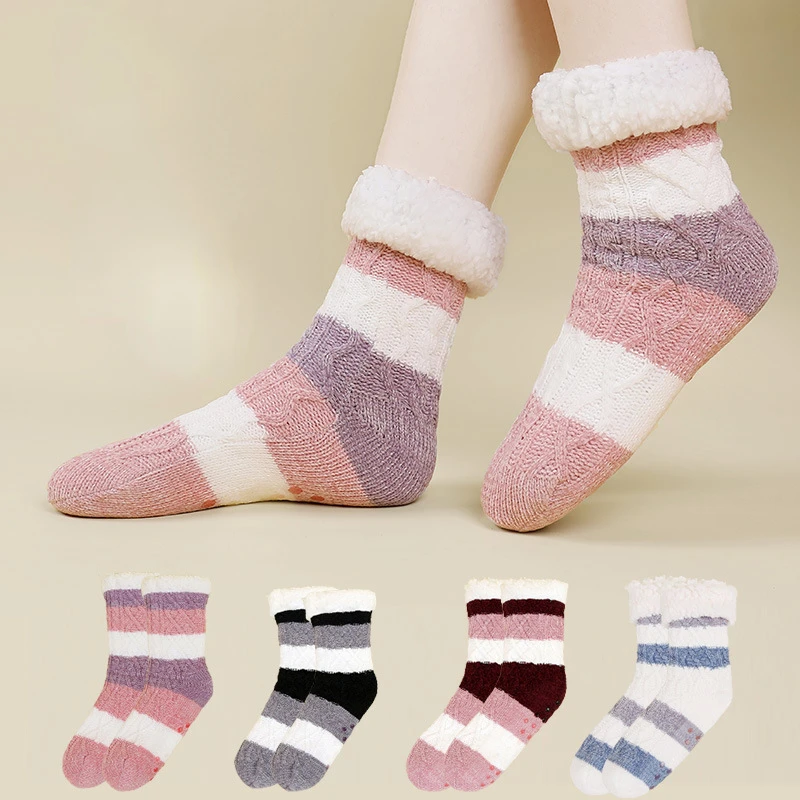 Women Thermal Fuzzy Sock Comfy Winter Warm Sleeping Soft Female Plush Non Slip Grip Silicone Short Slipper Floor Sock House Home
