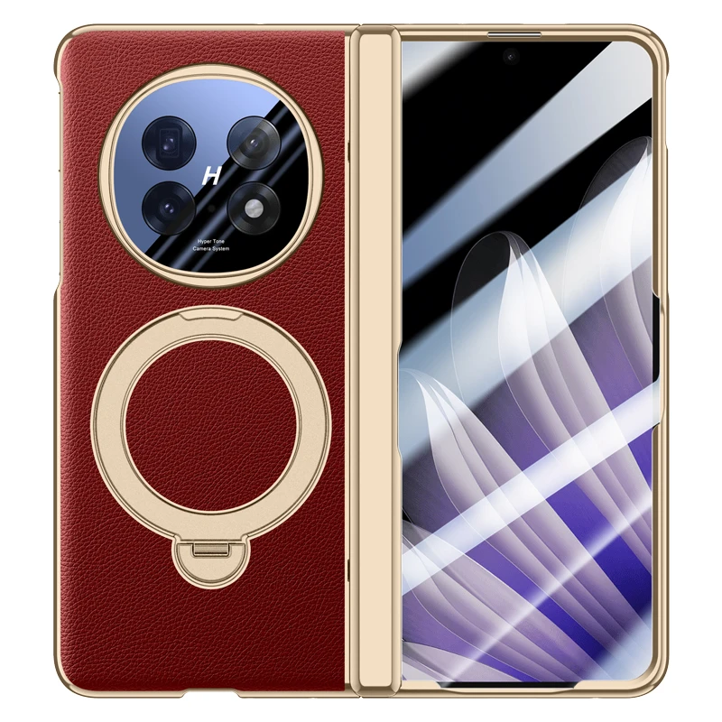 Luxury Leather Folding Case with Magnetic Rotating Ring Holder & Privacy Glass
