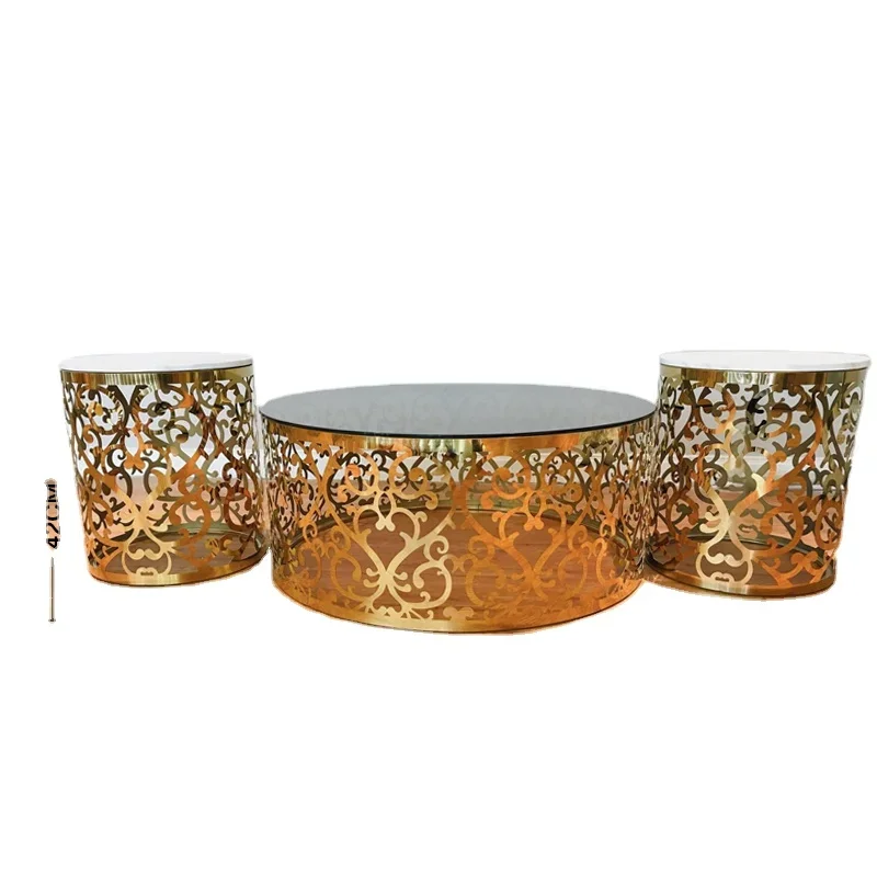 commercial living room golden stainless steel coffee table set metal base marble top tea