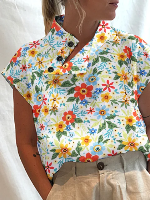 Celmia Women Short Sleeve Blusas 2022 Summer Cotton Linen Shirts Fashion Oversized Blouses Casual Loose Camisas Solid Tunic Tops White (Floral)