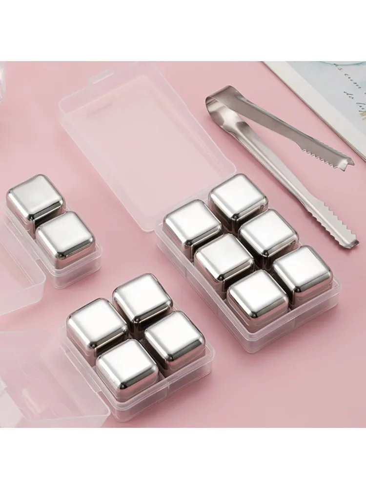 Ice Cubes Whiskey Stones 6 Piece Reusable Whiskey Ice Cubes Set with Silicone Head Tongs and Ice Cube Trays 304 Stainless Steel Cubes