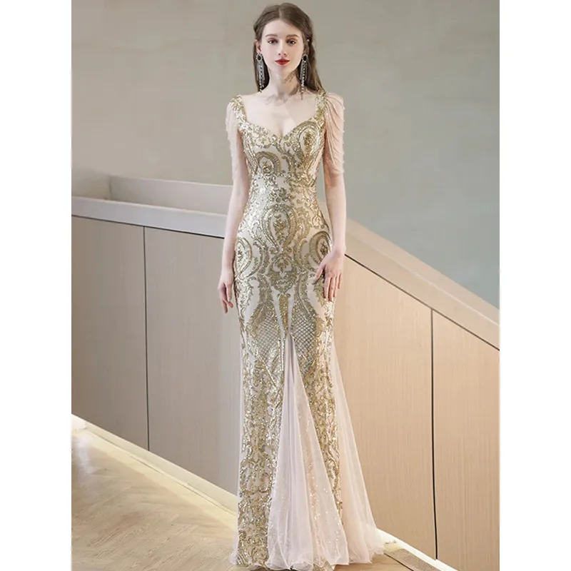 Golden Slim Evening Dresses Banquet Gown Sexy Tassel Shoulder Collar Female Party  vestido de festa New launched dress