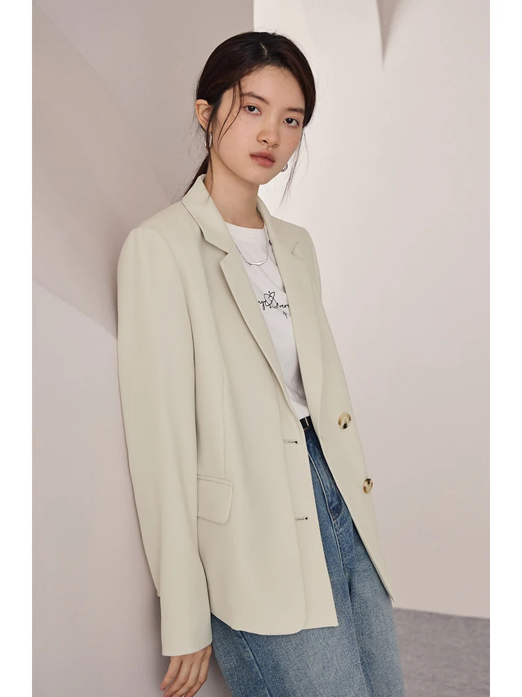 ZIQIAO Beige Grey Temperament Women Notched Collar Suits Double-fly Office Lady Single-breasted Blazer Polyester Women Coat