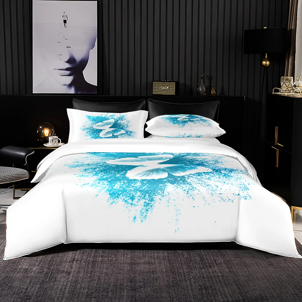 White Elaborate Bedding Set Romantic Euro Duvet Cover Light Blue Butterfly Print for King Queen Size Bedroom with Pillowcase | Дом и сад
