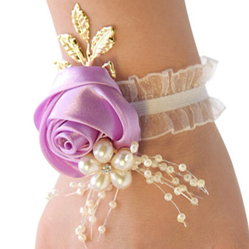 Bridesmaid Faux Rose Bracelet Wedding Wrist Polyester Ribbon Pearl Bow Bridal Gifts Hand Flowers Party Accessories wholesale