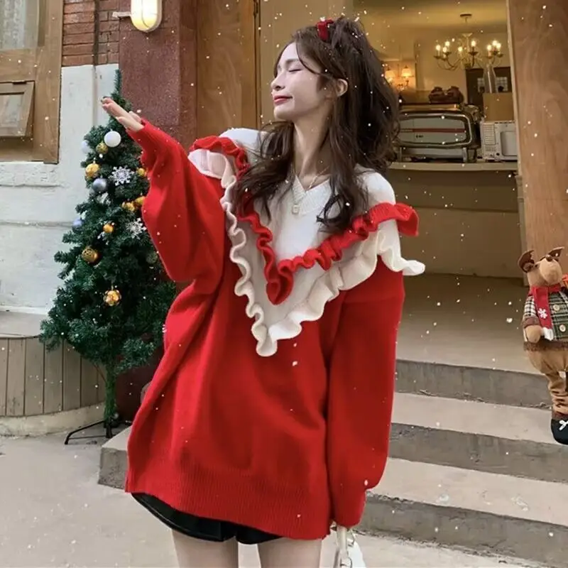 thumbnail image 1 of Suéter de hoja de cabra roja navideña, chaqueta holgada y versátil, suéter de punto de otoño e invierno, parte superior cálida y gruesa para mujer, 1 of 4