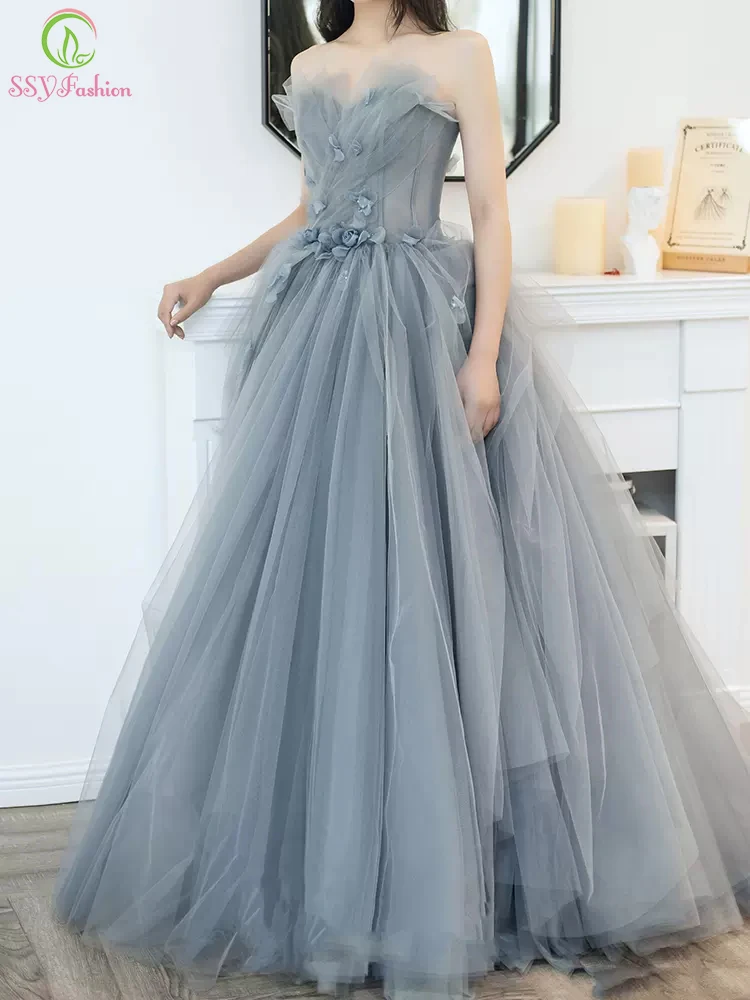 

SSYFashion Banquet Elegant Grey Blue Evening Dress Strapless Sleeveless A-line Flowers Formal Party Gowns Vestidos De Noche