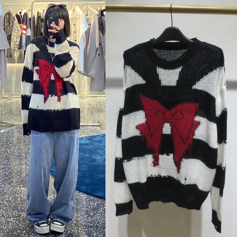 

Black White Striped Mohair Stripes Bowknot Knitted Sweater Woman 2022 Autumn New Women's Loose Long Sleeve Pullover Knitted Top