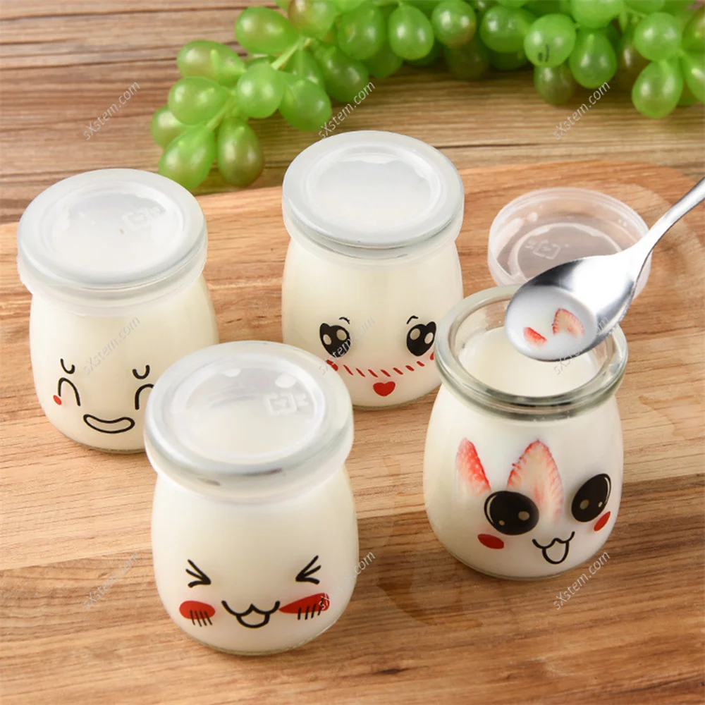 6pcs 150ml 200ml Cartoon Glass Jars with Lids for Yogurt DIY Milk  High Temperature Pudding Bottle Jelly Cups Kitchen Supplies 3