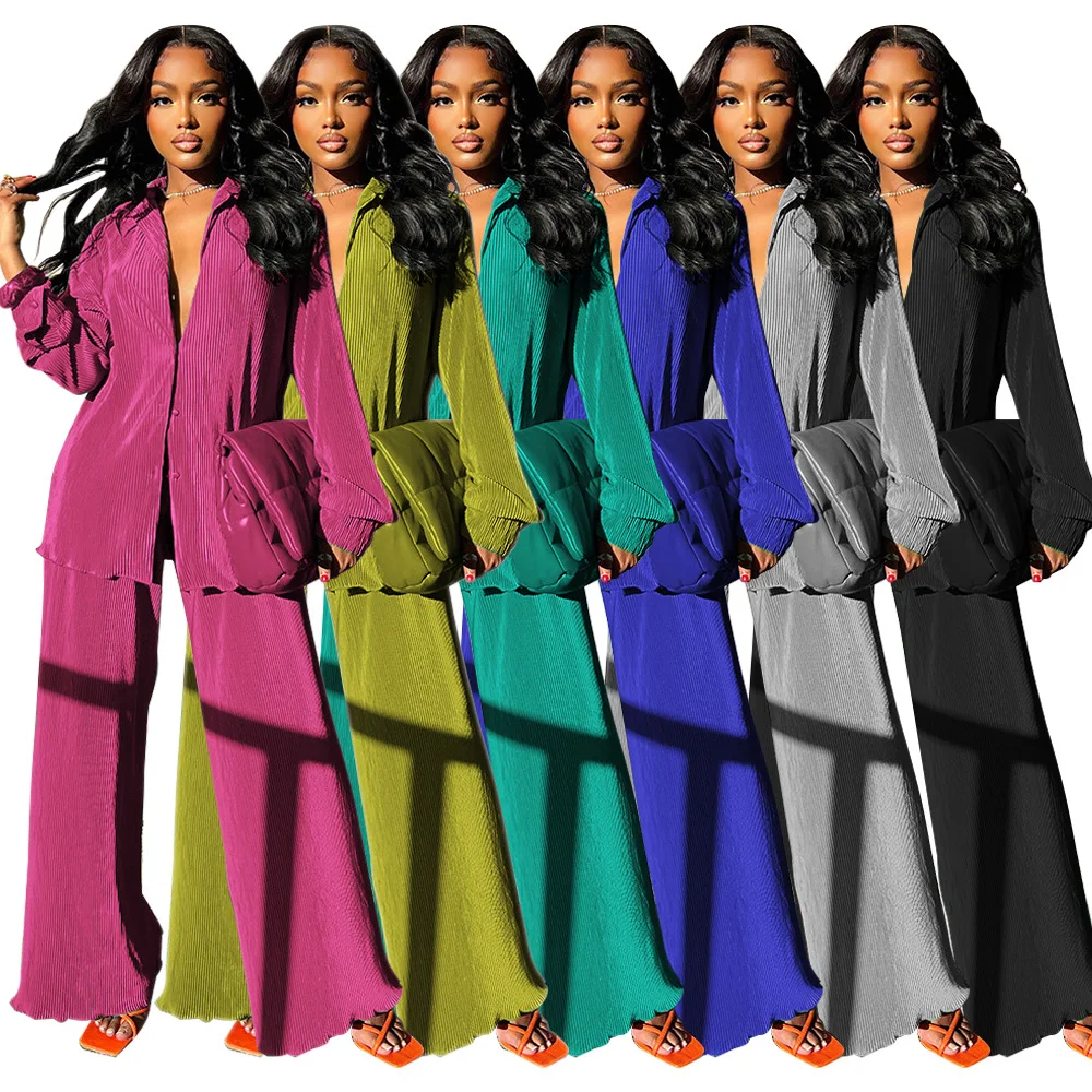 

Solid Pleated Two Piece Sets Women Loose Shirts Outfits Long Sleeve Y2K Tops Wide Leg Pants Autumn Streetwear Flare Pants Suits