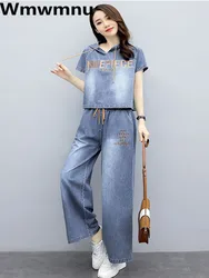 Casual Hooded Letter Embroidery Denim Two Piece Set Korean Short Sleeve Jeans Tops Conjuntos Wide Leg Cowboy Pants Ensemble New