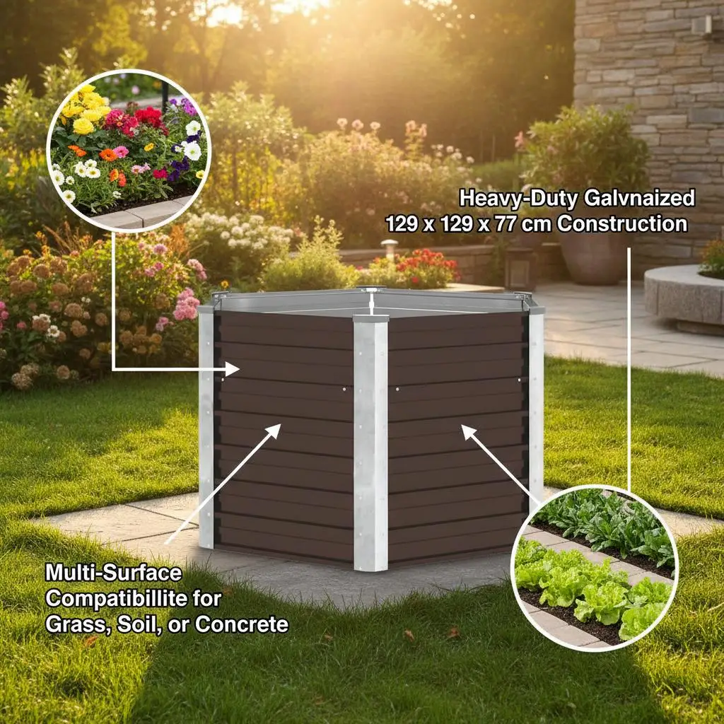 Hochbett für den Garten, Braun, 129x129x77 cm, Verzinkter Stahl – Detail 4