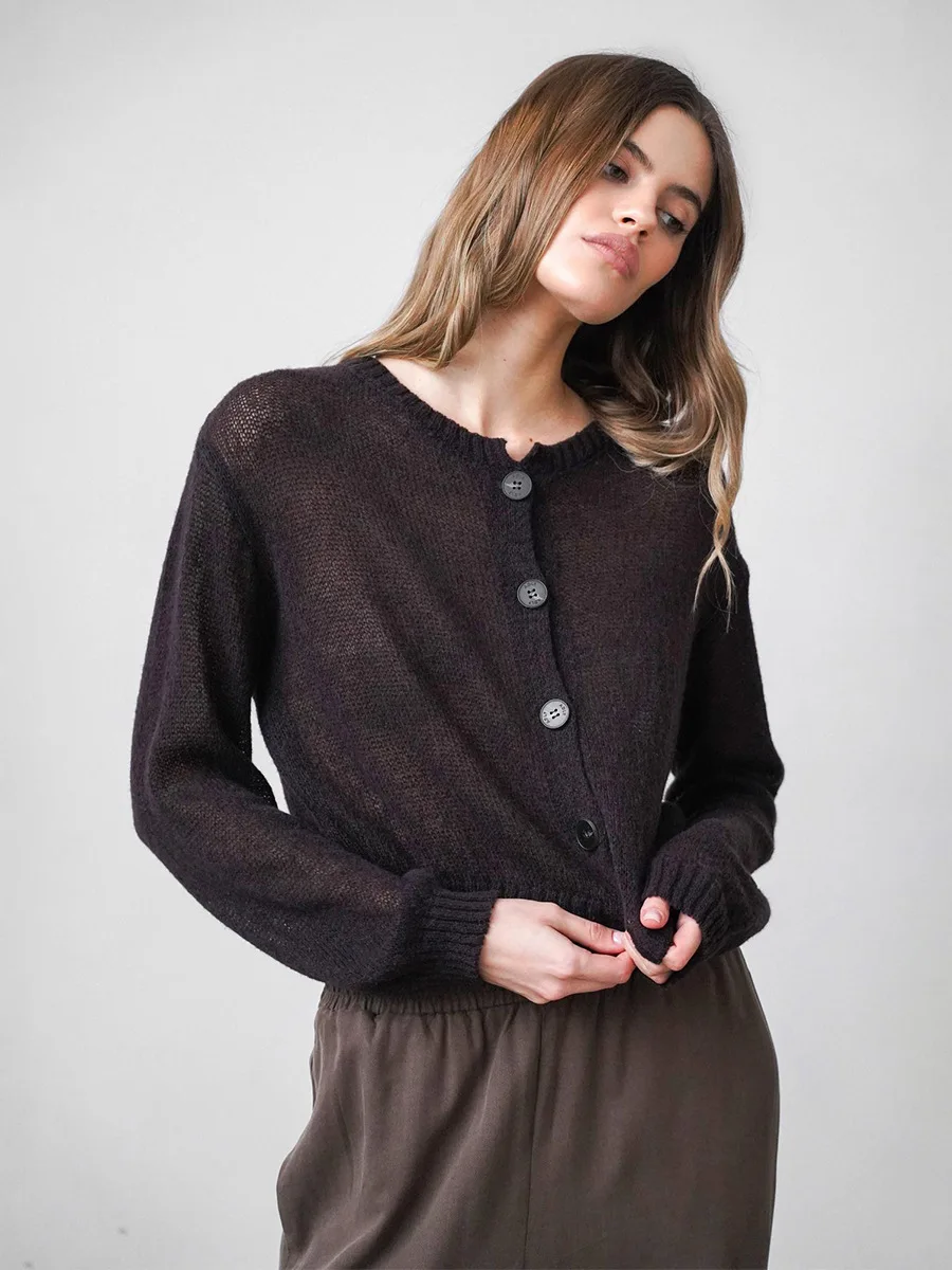 Bornladies Women's Solid Color Knit Cardigan Minimalist Design Button Front Short Style Casual Autumn Winter Sweaters