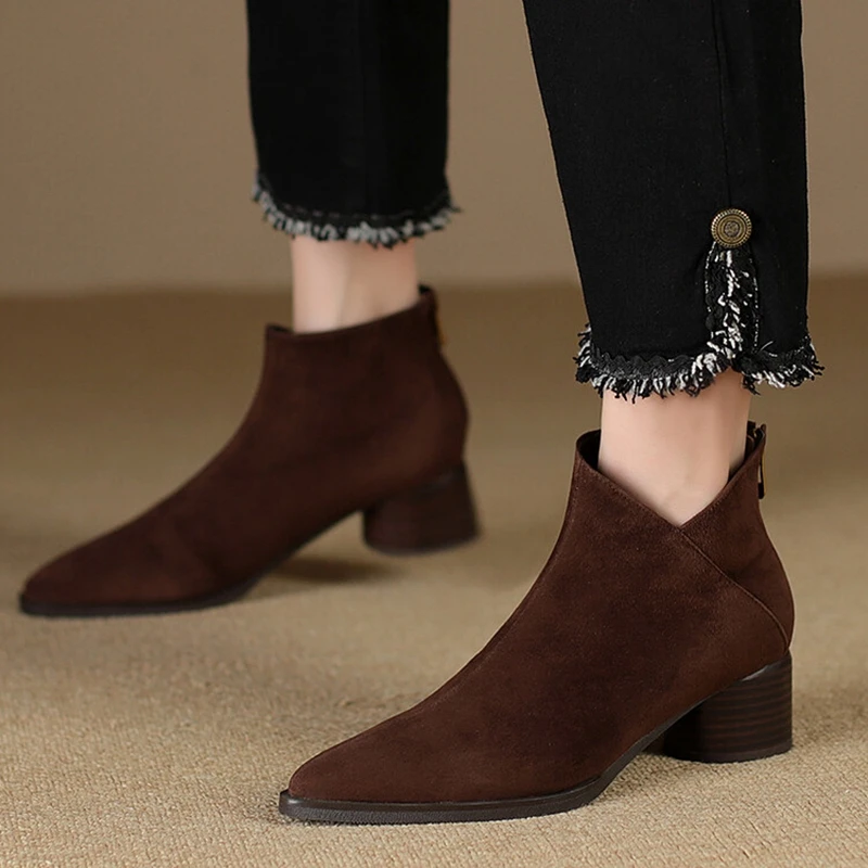 

NEW Autumn Women Boots Pointed Toe Chunky Heel Boots Sheep Suede Leather Shoes for Women Concise Ankle Boots botas femininas