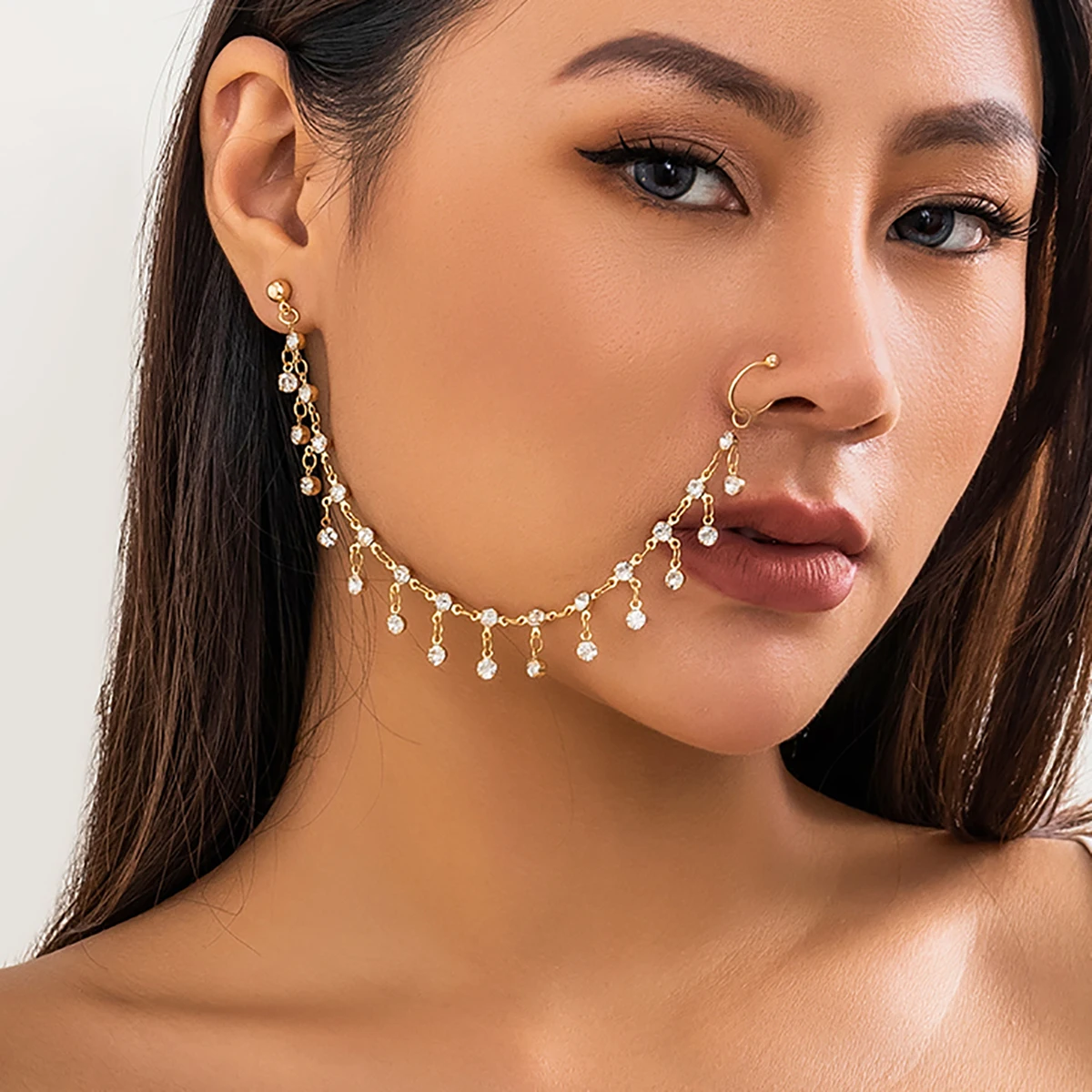 Lacteo Trendy Nose Rings for Women Connecting Earrings Black Green Small Crystal Beads Fake Nostril Piercing Clip Jewelry Ladies