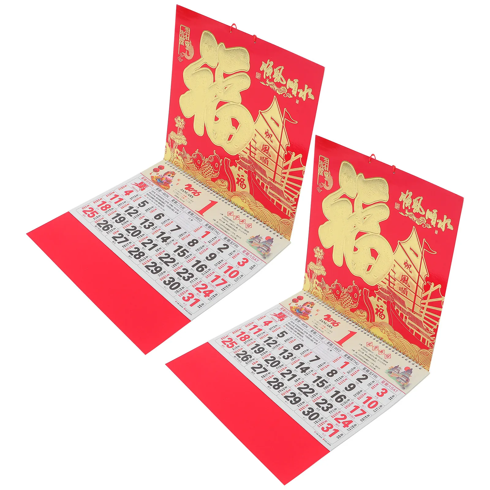 2Pcs 2026 조디악 벽 달력 말 테마 금박 공예 음력 달력 매달린 일일 플래너 전통 중국 새해