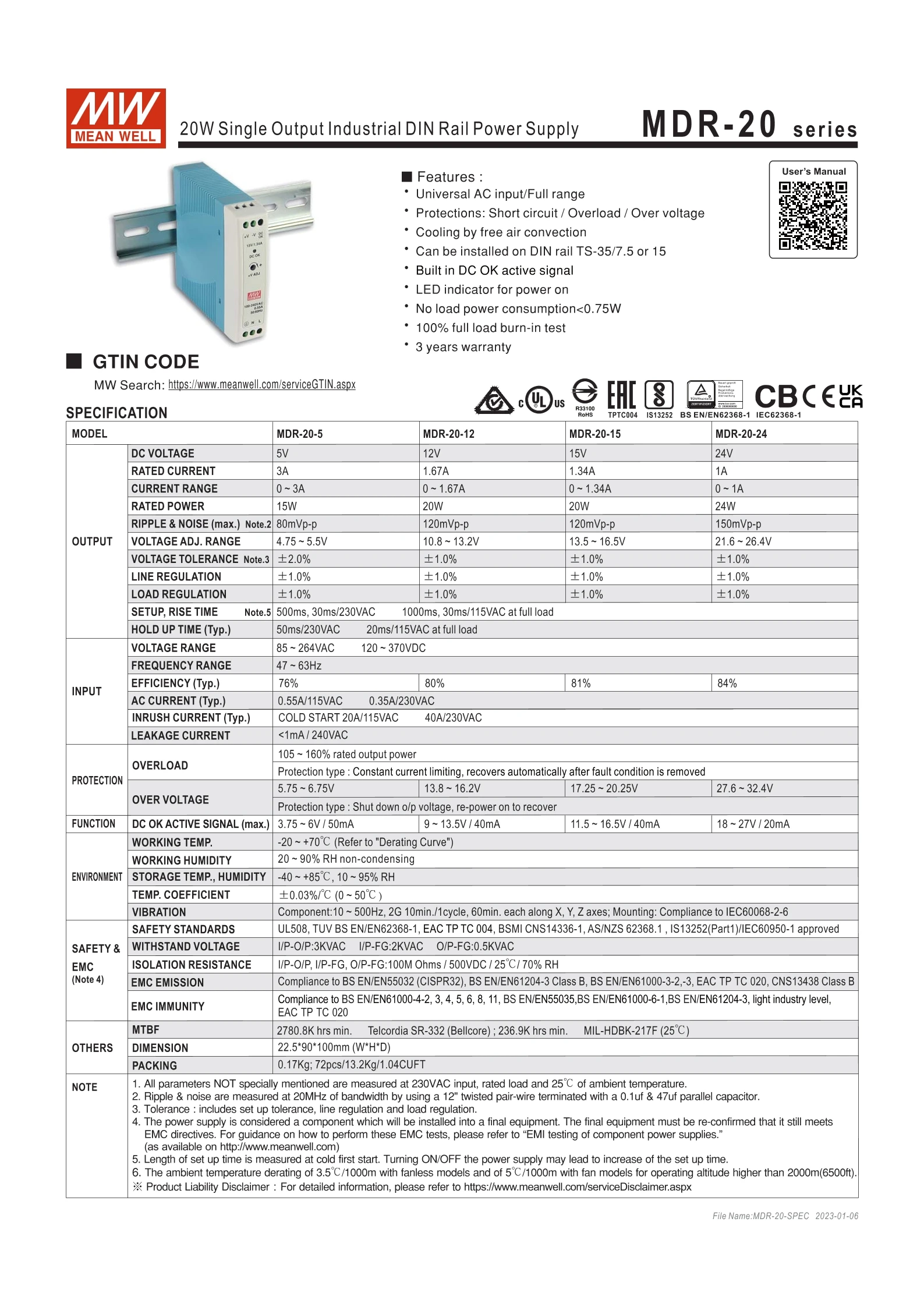 MEAN WELL MDR-20 시리즈 MDR-20-5 MDR-20-12 MDR-20-15 MDR-20-24 레일 타입 스위칭 전원 공급 장치, 얇은 플라스틱, 20W, 5V, 12V, 15V, 24V