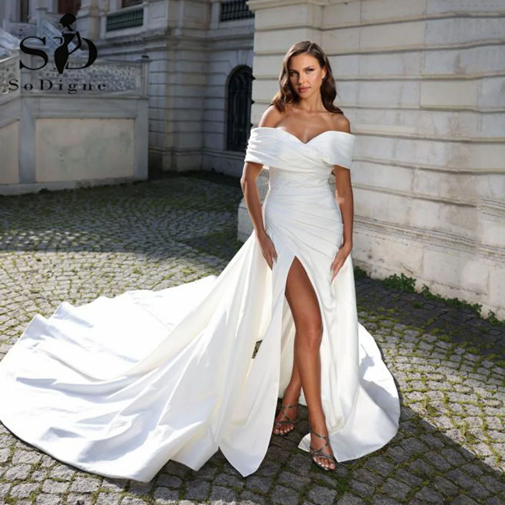 

SoDigne 2024 Elegant Wedding Dresses Off The Shoulder Pleats Mermaid Bridal Dress With Long Tail Split Wedding Gowns