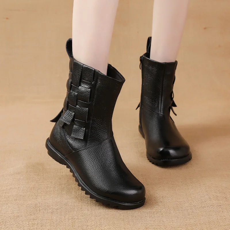 

GKTINOO New Cowhide Flat Heels Mid-Calf Boots Casual Genuine Leather Women's Boots Comfortable Warm Women's Cotton Shoes