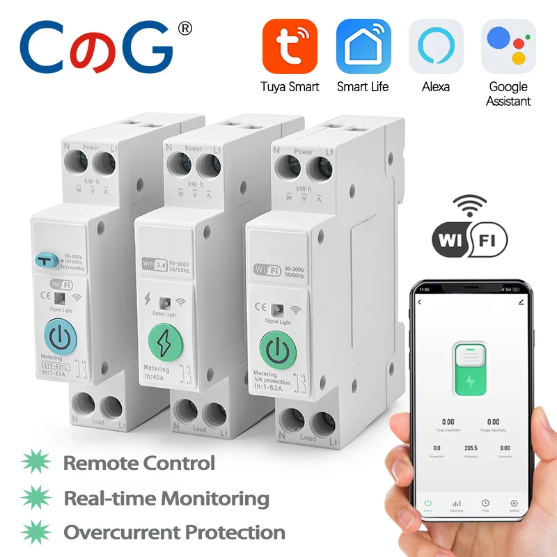 CG Tuya WiFi Smart Circuit Breaker DIN Rail 1P 63A Over/ภายใต้ป้องกันแรงดันไฟฟ้า MCB สมาร์ทรีโมทคอนโทรลไร้สายสวิทช์ 1