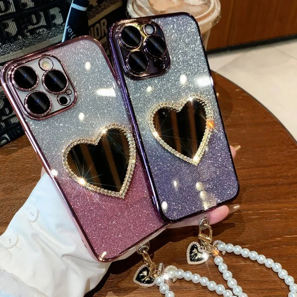 Luxury Diamond Love Mirror Phone Case with Pearl Heart and Hanging Rope