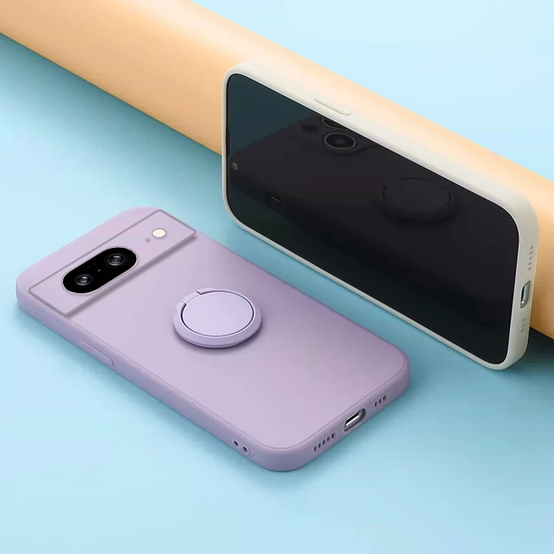 Silicone Back Cover with Finger Ring Stand and Camera Lens Protection – Solid Color Soft Phone Case