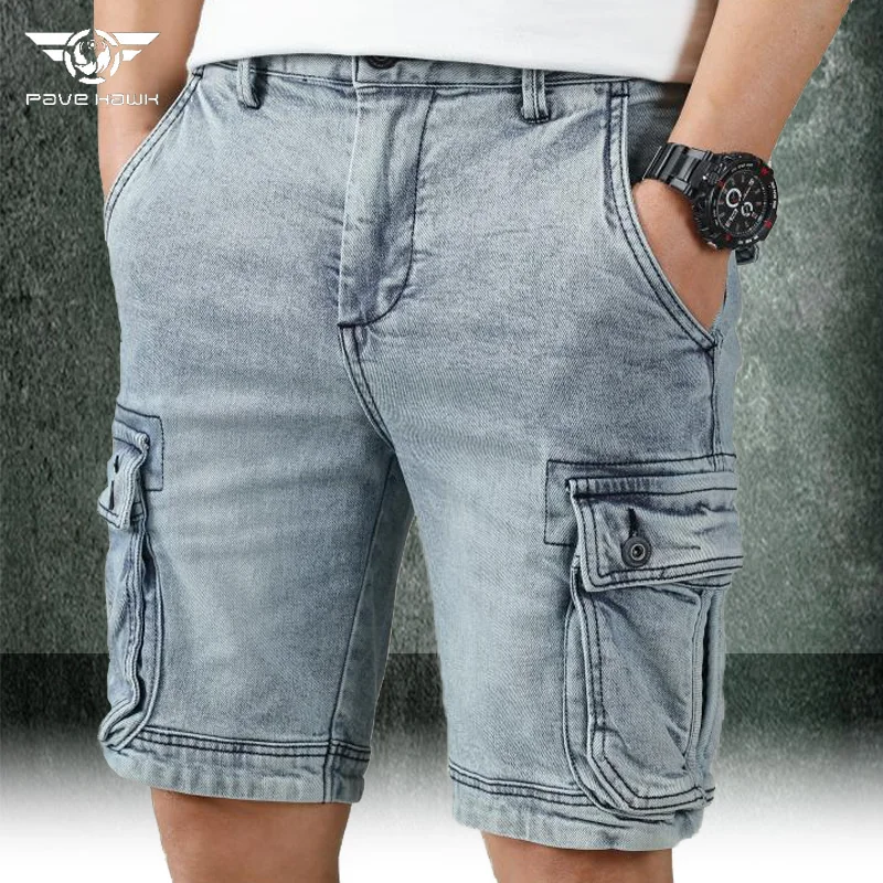

Men's Denim Tactical Shorts Military Wear-resistant Loose Cargo Shorts Summer Casual Distressed Multi-pocket Jeans Shorts Male