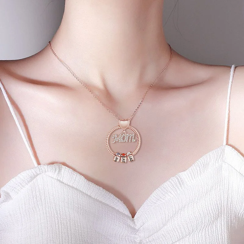 Diamond MOM Round Threaded Necklace for Women Custom Name and Birthstone Beaded Pendant 6 Names Copper Necklaces Family Gifts