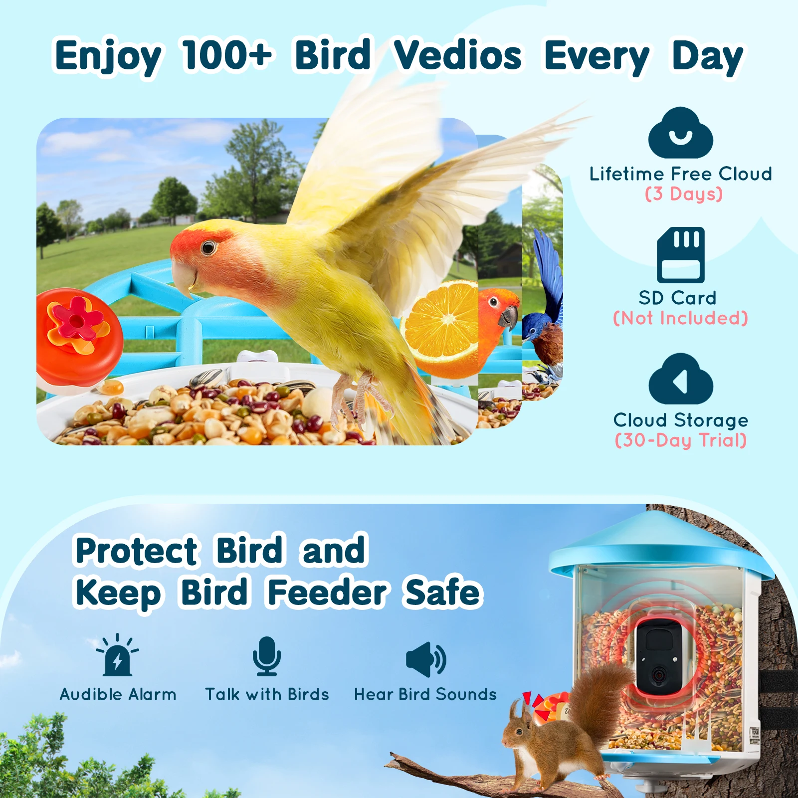 VEVOR Smart Bird Feeder with Camera 2K HD AI Identify 10000+ Bird Species Solar-Powered Watching Camera with Auto Capture