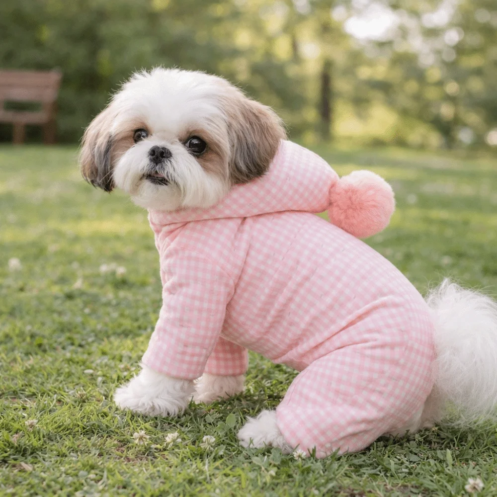 격자무늬 디자인 겨울용 따뜻한 강아지 옷 두꺼운 편안한 강아지 점프수트 플러시 볼이 달린 네발 강아지 의상 일상복