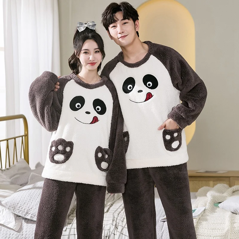 

2023 Winter Couple Long Slve Thick Warm Flannel Pajama Sets For Men Korean Cute Cartoon Slpwear Women Homewear Home Clothes