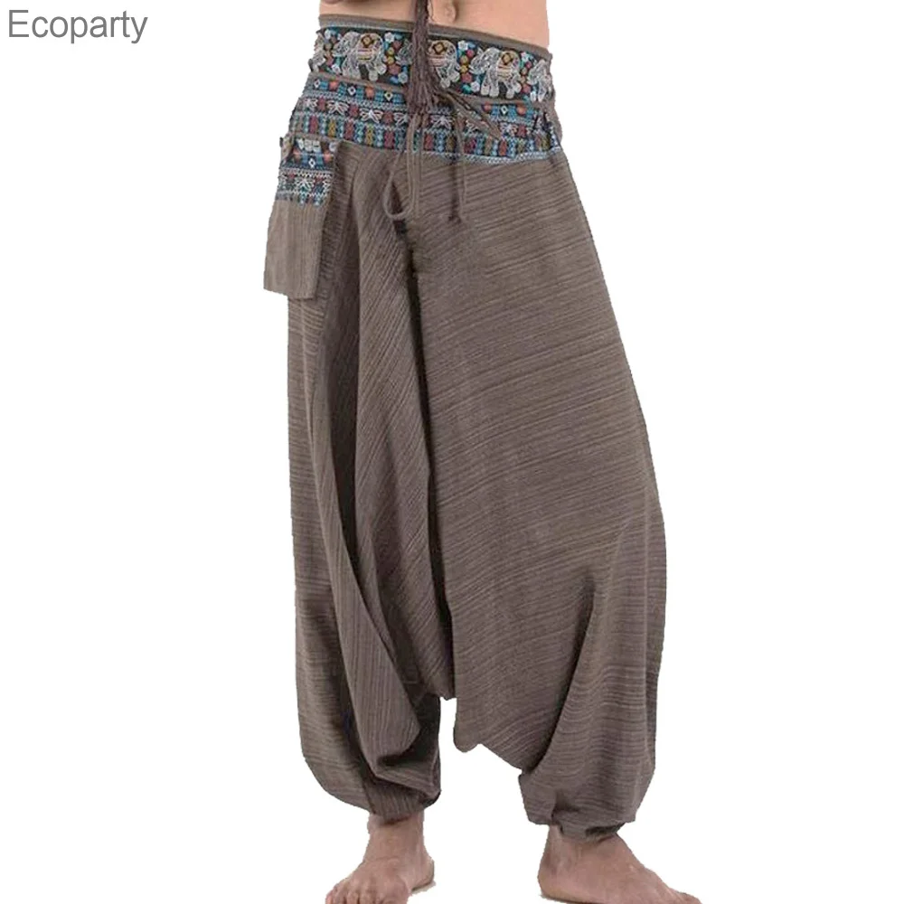 

Medieval Vintage Men Elastic Muslim Casual Harem Baggy Yoga Hip-hop Men Gypsy Cotton Linen Drawstring Wide-legged Loose Pants22