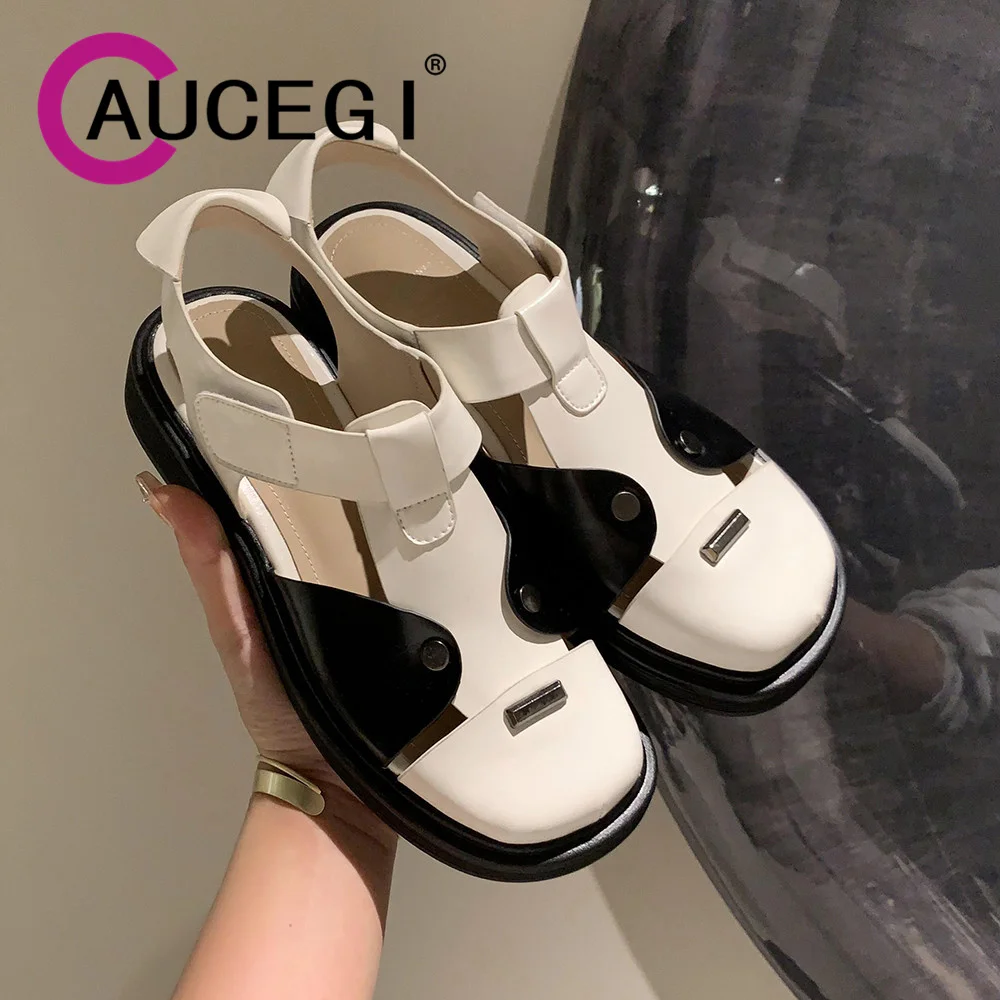 

Aucegi 2023 New Ladies Spring Summer Hollow Out Elegant Party Pumps Unique Round Toe Mixed Color Thick High Heels Casual Shoes