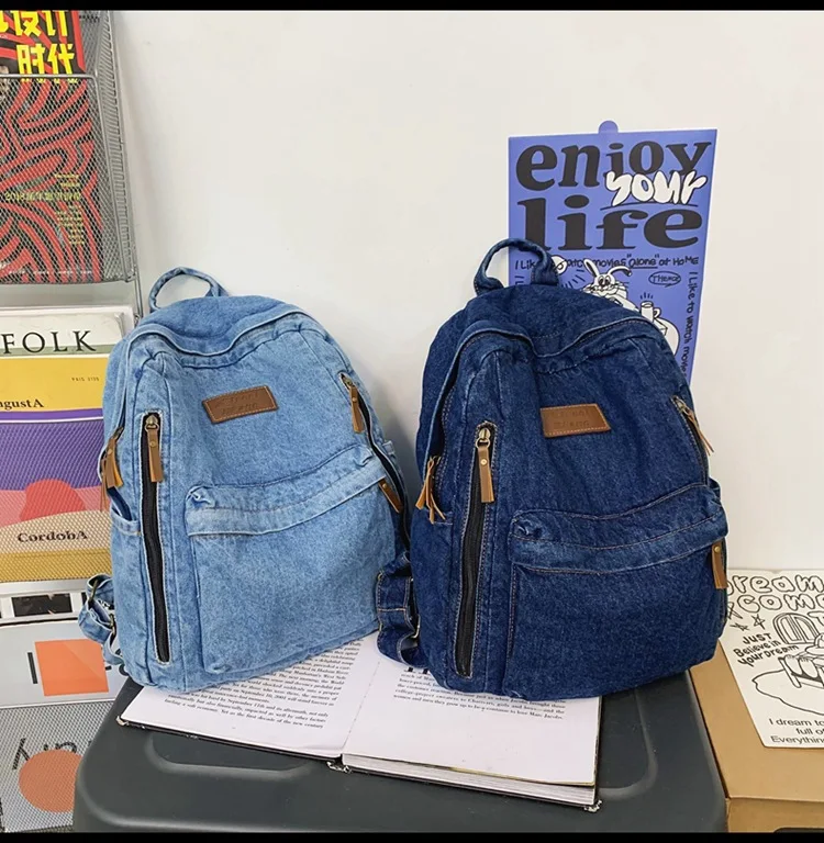 Women Denim Backpack Student Jean Shoulders Bag 