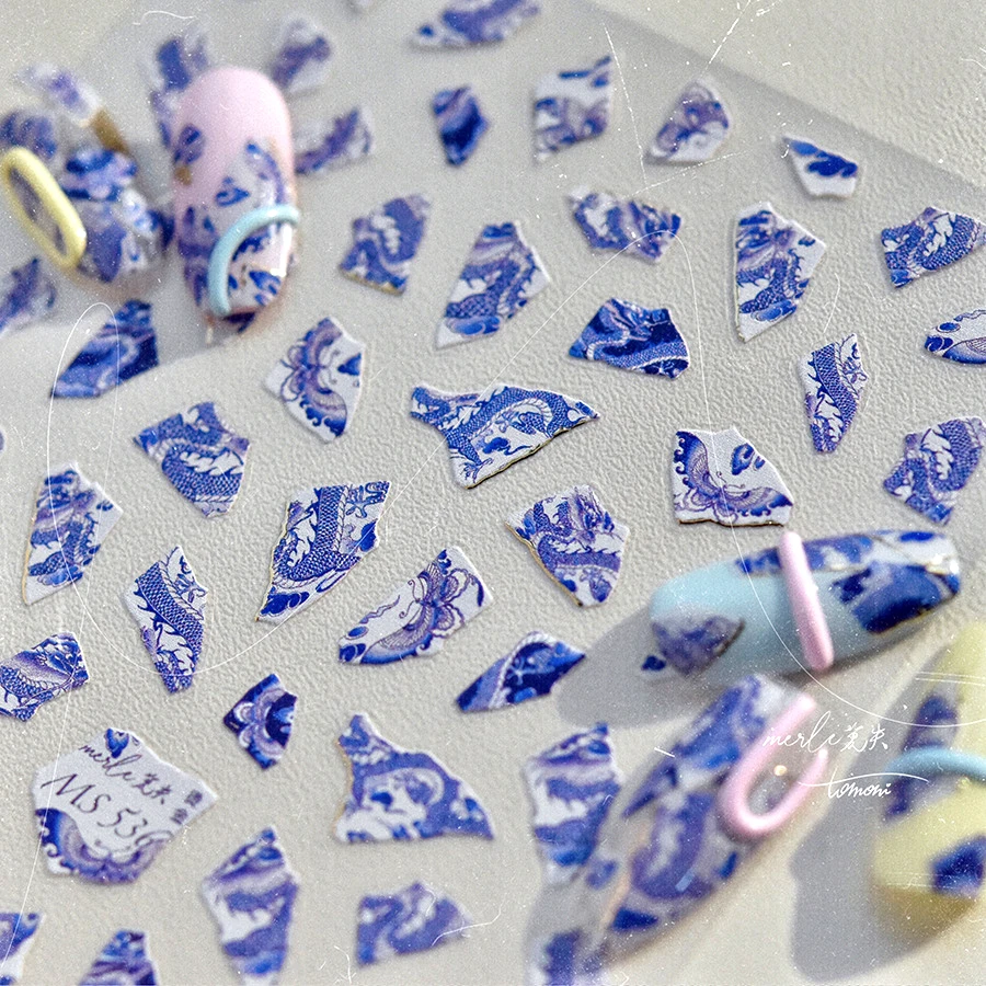 Retro Embroidered Dragon Red Pink Blue White Porcelain Chinese 3D Embossed Relief Self Adhesive Nail Art Stickers Manicure Decal 3