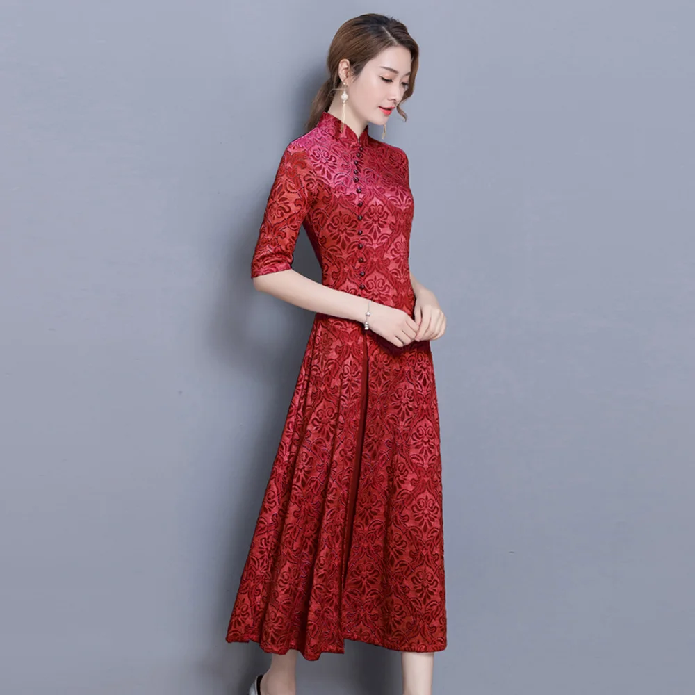 

2022 Autumn Modern Lace Cheongsam Ao Dai Chinese Dress Long Party Vintage Elegant Dress High Quality Aodai Qipao for Women