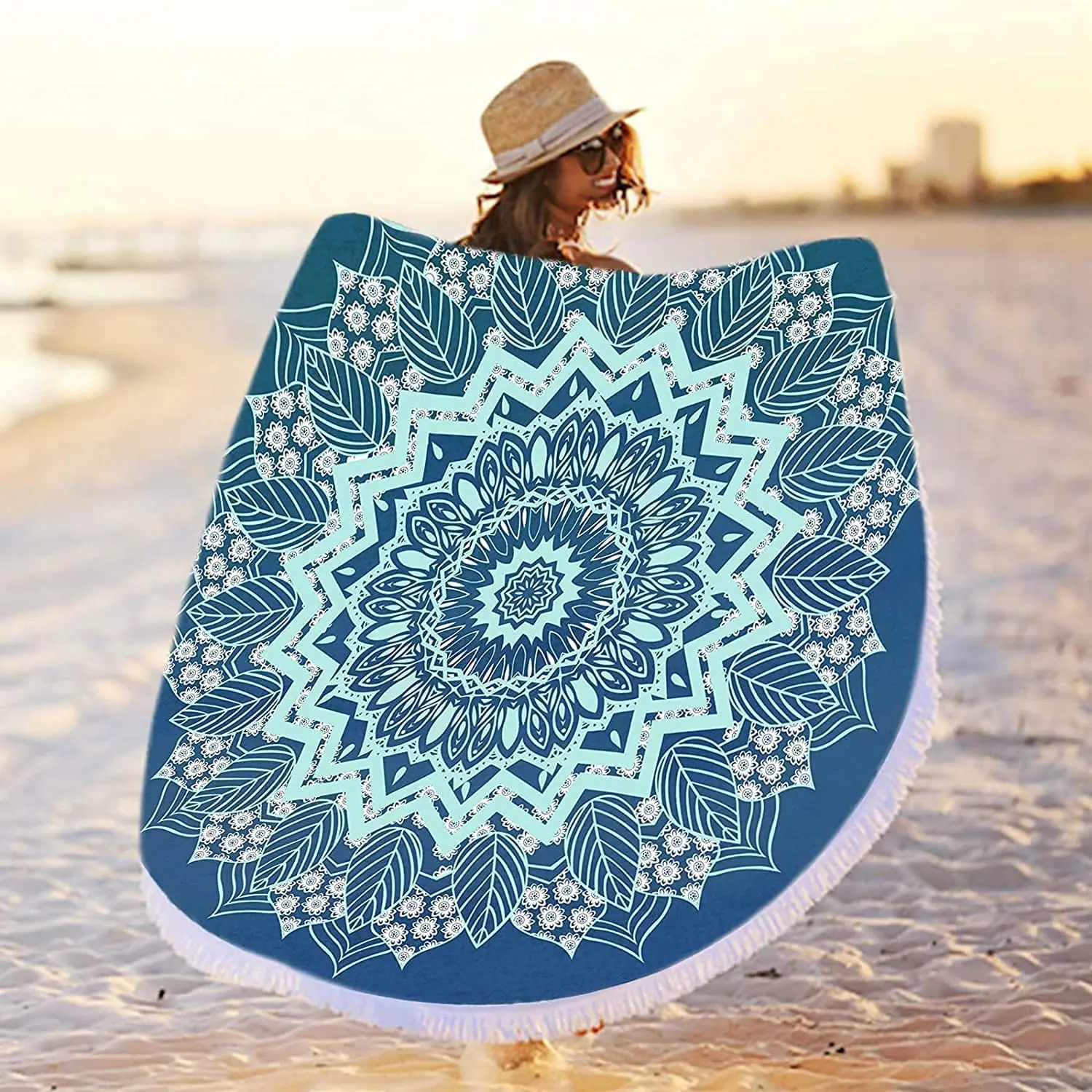 Round Gold Yellow Mandala Beach Towel Blanket,Microfiber Soft Sand Free Large Water Absorbent Beach Blanket Swim Pool Towel 3