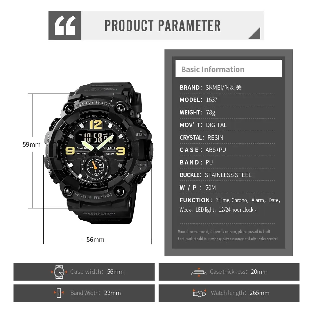 Skmei Multifunctional Chrono Digital Watches Mens Dual Movement 3 Time Sport Wristwatch Waterproof Electronic Clock Reloj Hombre 6