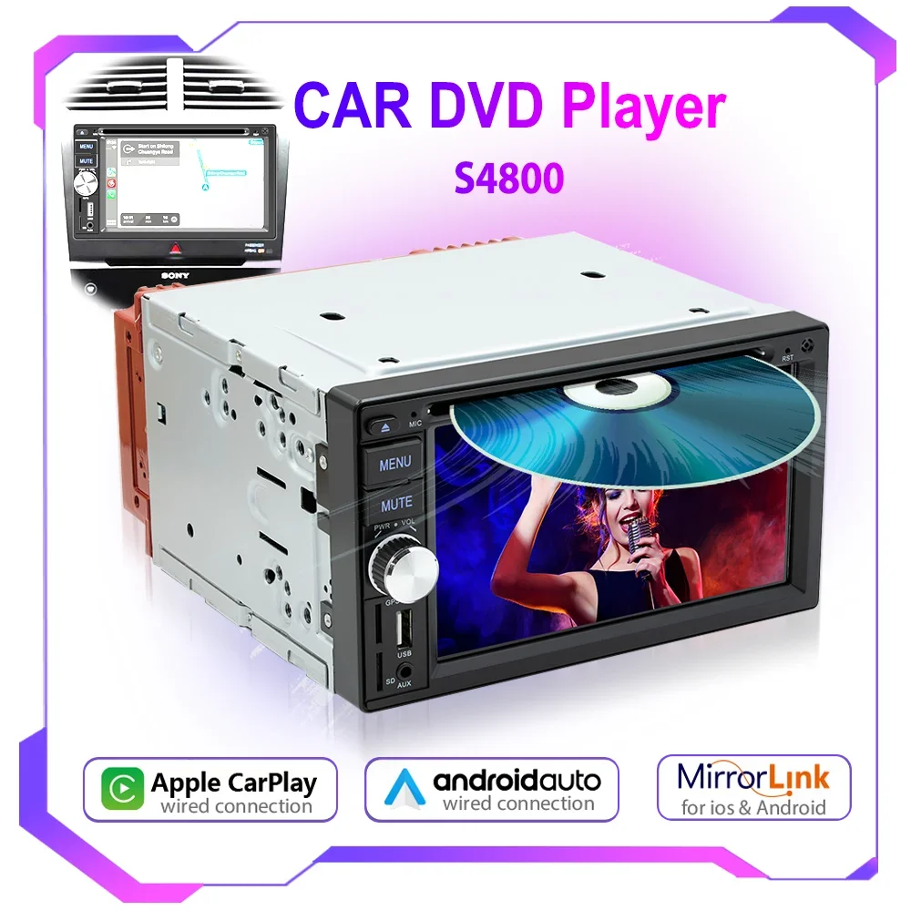 2Din 6.2" Universal Car MP5 Player Auto Stereo with DVD Disc Multimedia Wired Carplay & Android Auto FM Radio USB TF Card AUX