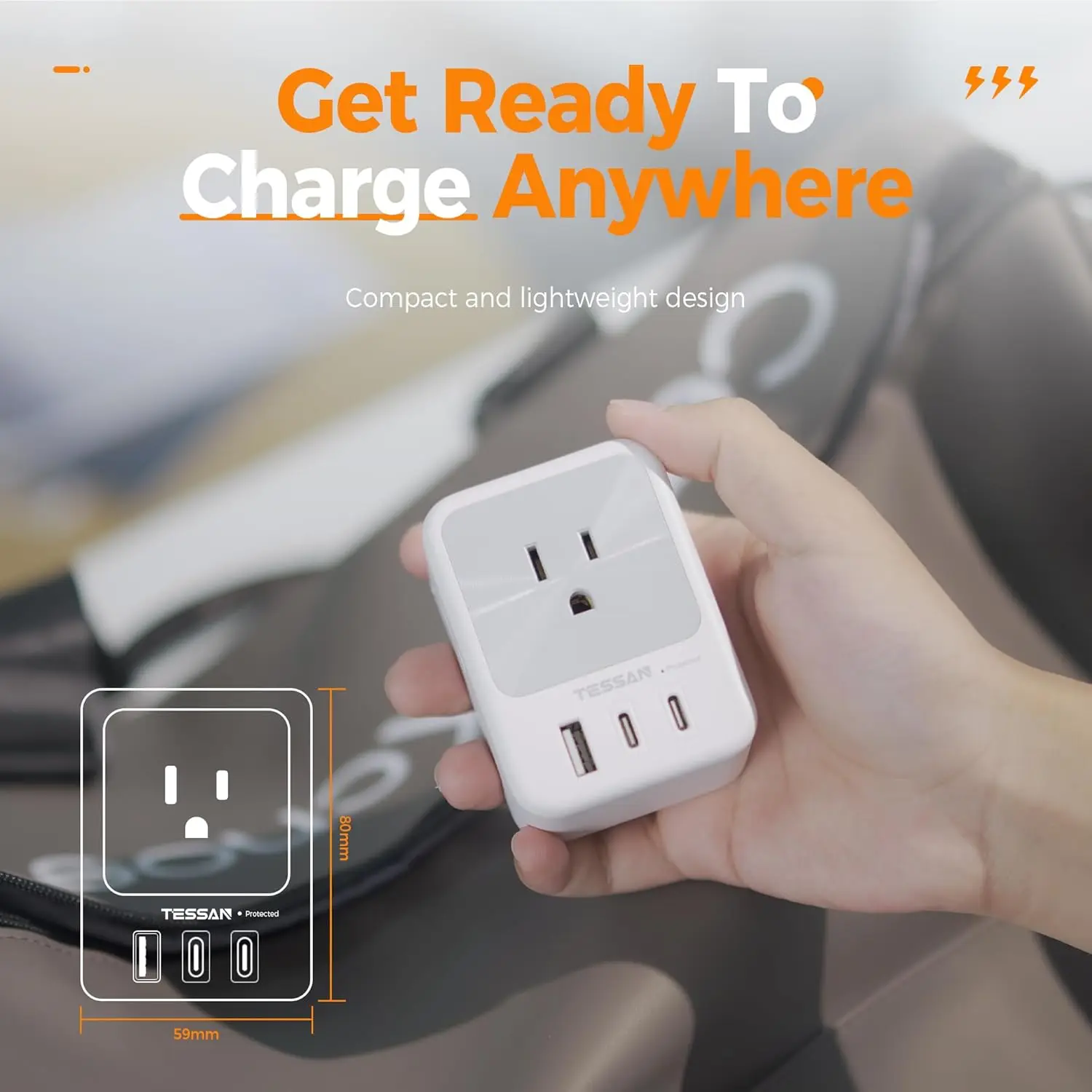 Power strip TESSAN US Plug Power Strip 4AC Outlet 3USB Charging Port Multi-Contacts Electrical Socket with Surge Protector for Home