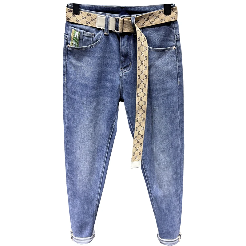 High Quality Spring Four Seasons New Blue Stretch Pencil Pants Men's Washed Jeans9Cropped Pants Fashion