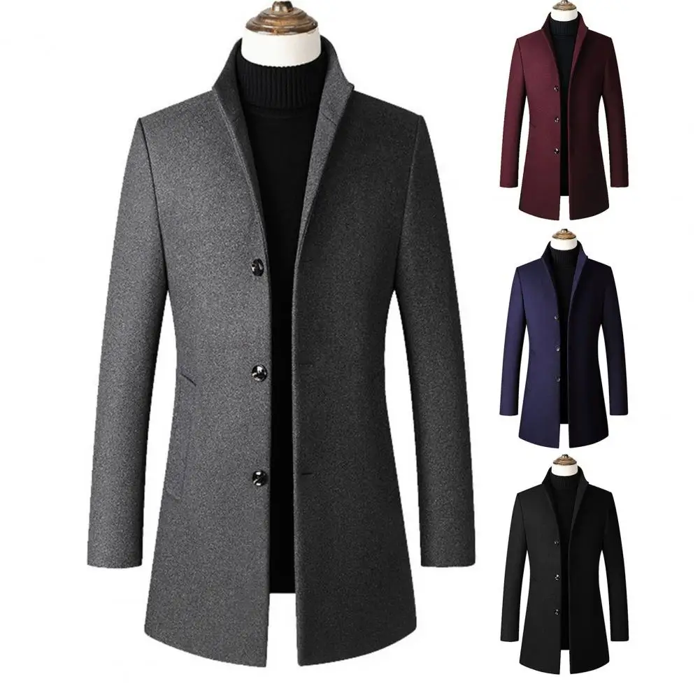 Basic Fit Trench Coat Stylish Men's Winter Trench Coat Stand Collar Single-breasted Solid Color Cardigan with for Fall/winter