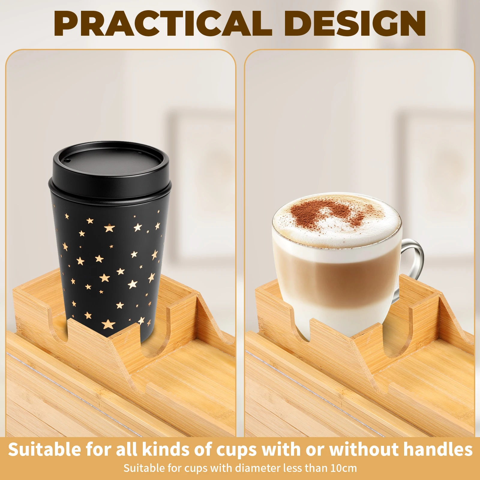Couch Cup Holder Bamboo Sofa Armrest Tray Foldable Anti-Slip with Side Storage Pocket Remote Control Cups Snack Organizer 5